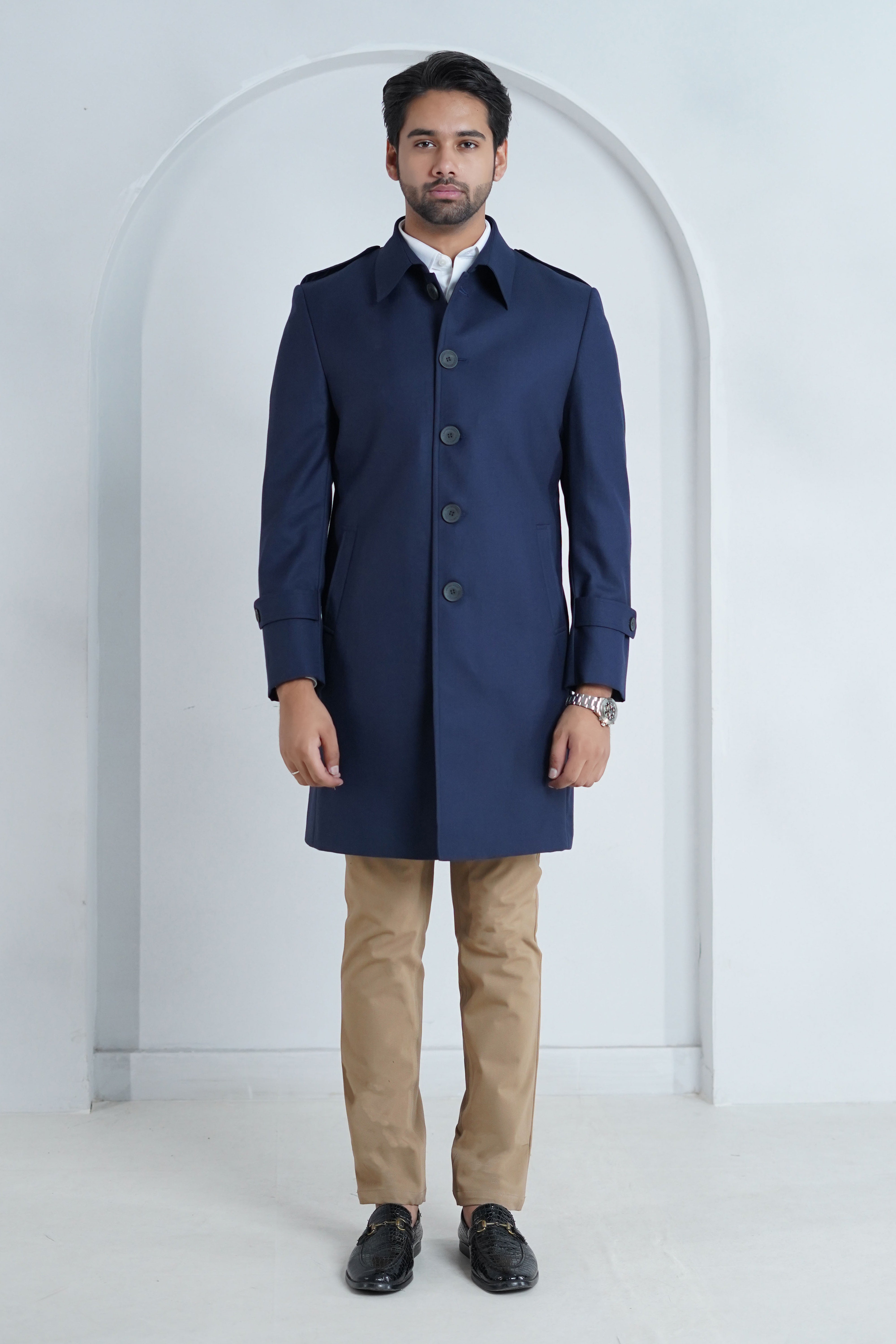 Classy Lapel Long Sleeve Blue Coat
