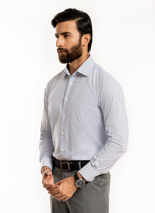 Stripes-Blue on White Base, Cotton Rich Charlie Formal Shirt