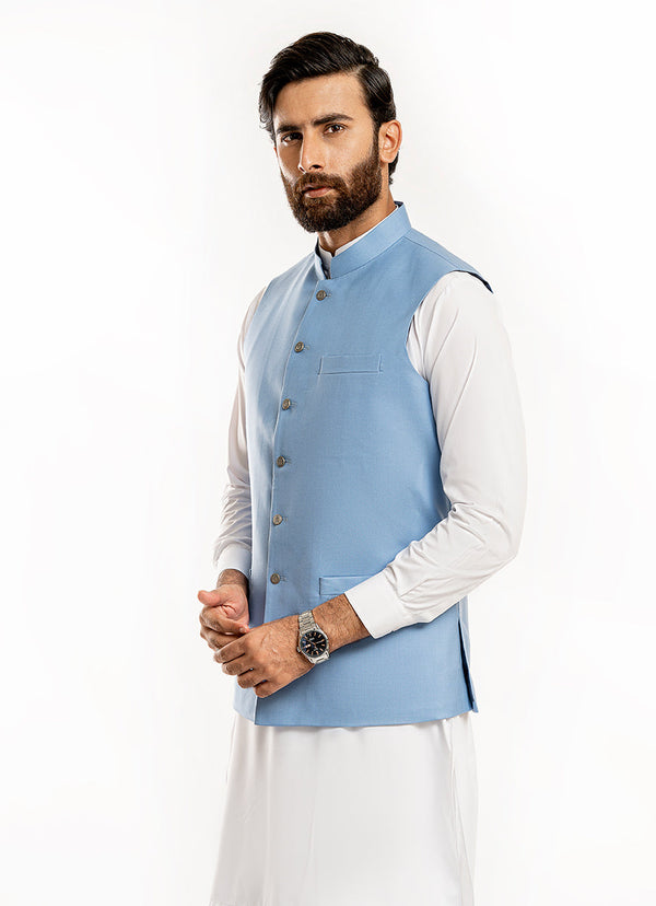 Sky Blue Plain Textured Poly Viscose Waist Coat