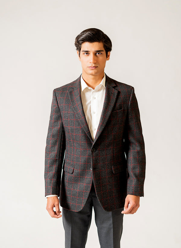 Charcoal Grey Window Checks Worsted Tweed Classic Blazer