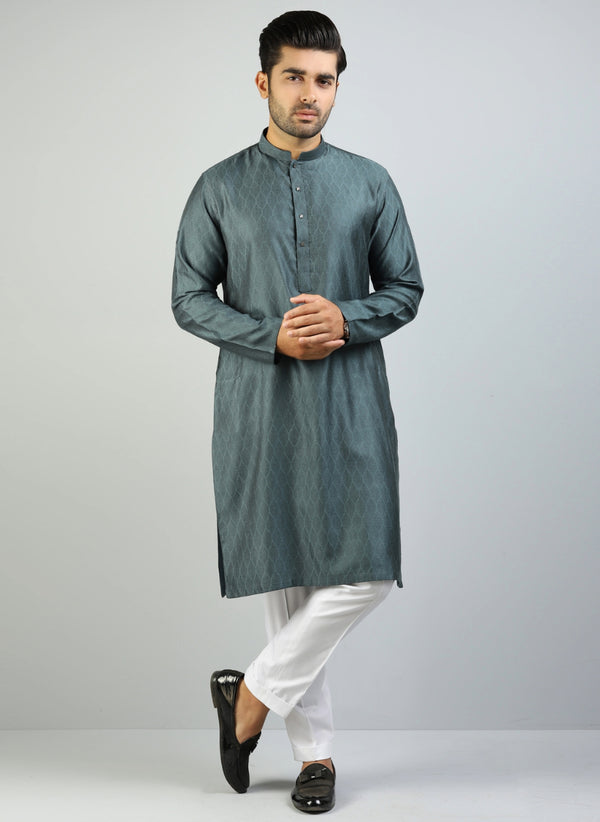 Kurta - Jamawar Dark Green Leafy Design