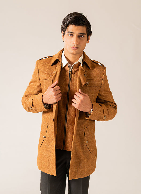 Double Jacket - Worsted Tweed Brown Windowpane Checks