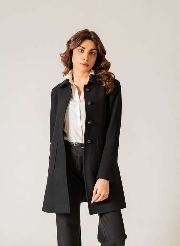 Ladies Long Coat - Woolen Fleece Black Plain