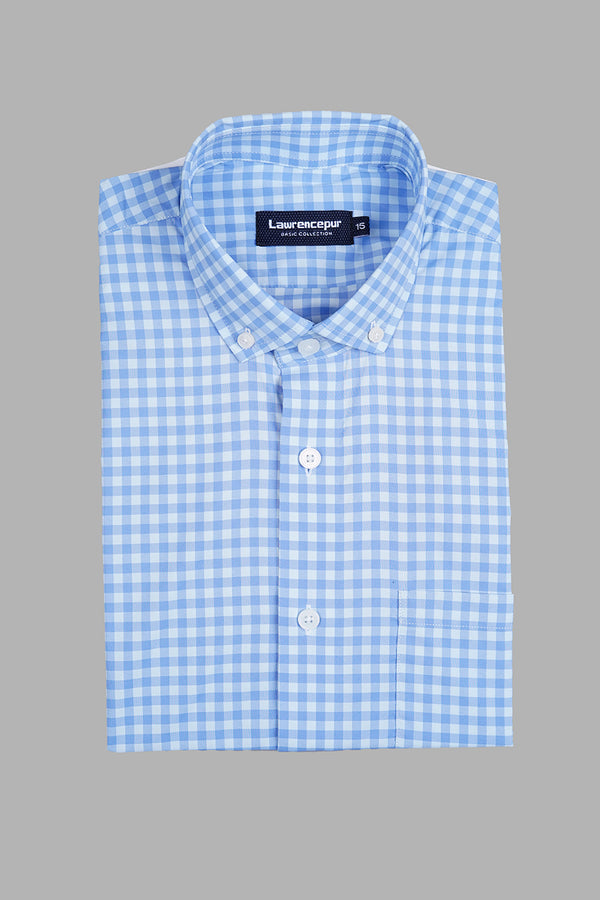 Sky Blue Tattersall Plaid Shirt – Men’s Cotton Blend Formal Wear