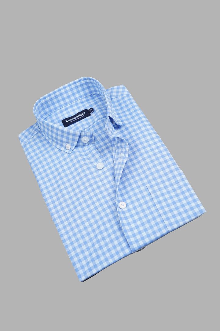 Close-Up of Sky Blue Plaid Shirt Fabric – Soft & Breathable