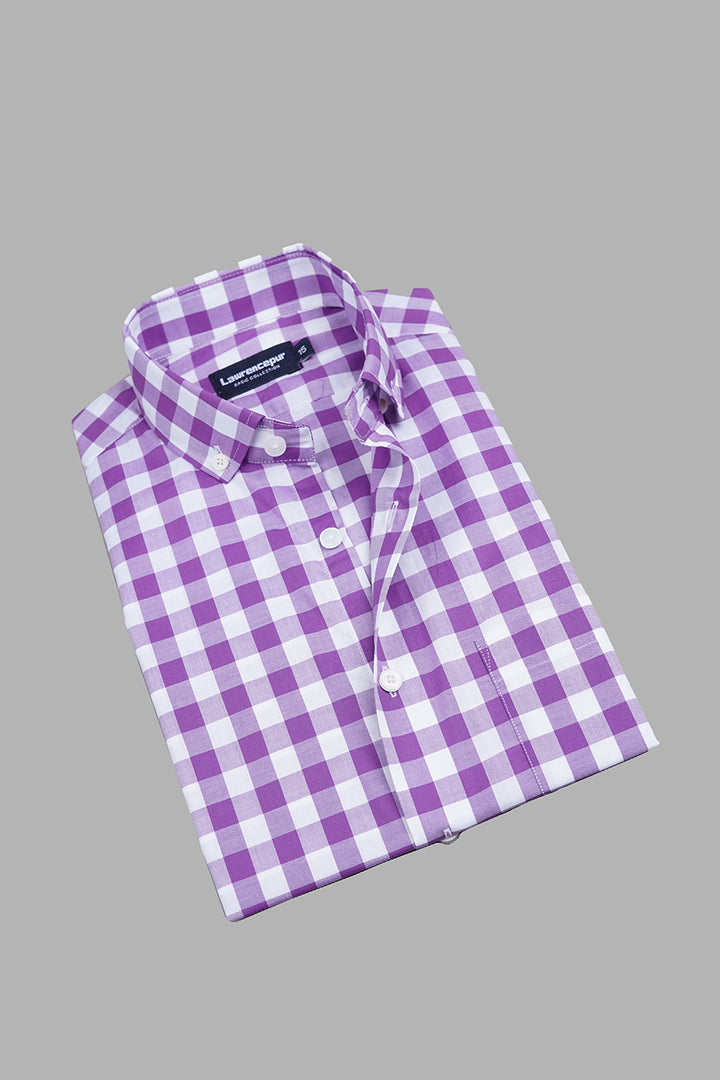 Close-Up of Purple Tartan Shirt Fabric – Soft & Durable