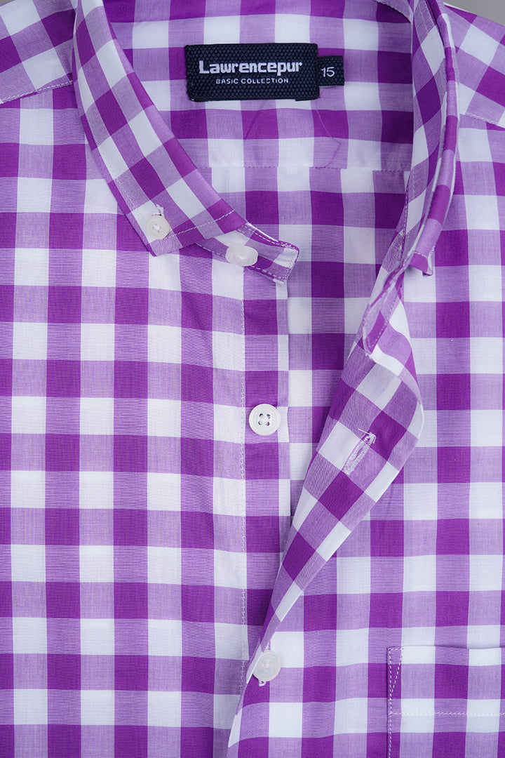 Purple & White Check Shirt Side View – Comfort Fit