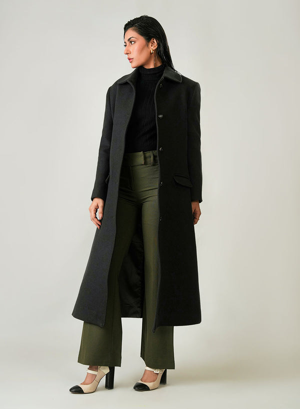 Ladies Long Coat - Woolen Fleece Dark Grey Plain