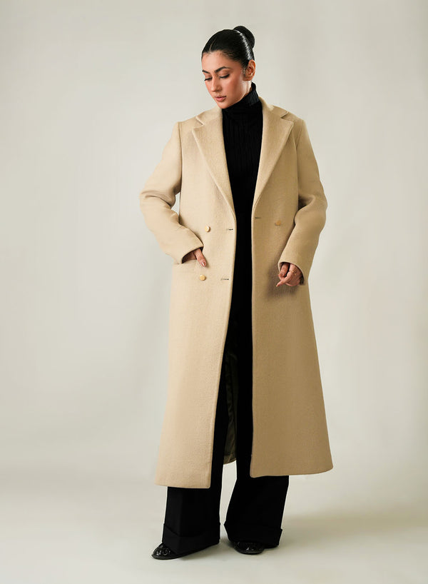 Ladies Long Coat - Woolen Fleece Beige Plain