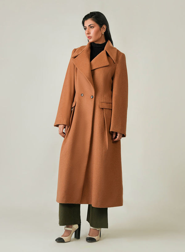 Ladies Long Coat - Woolen Fleece Camal Brown Plain