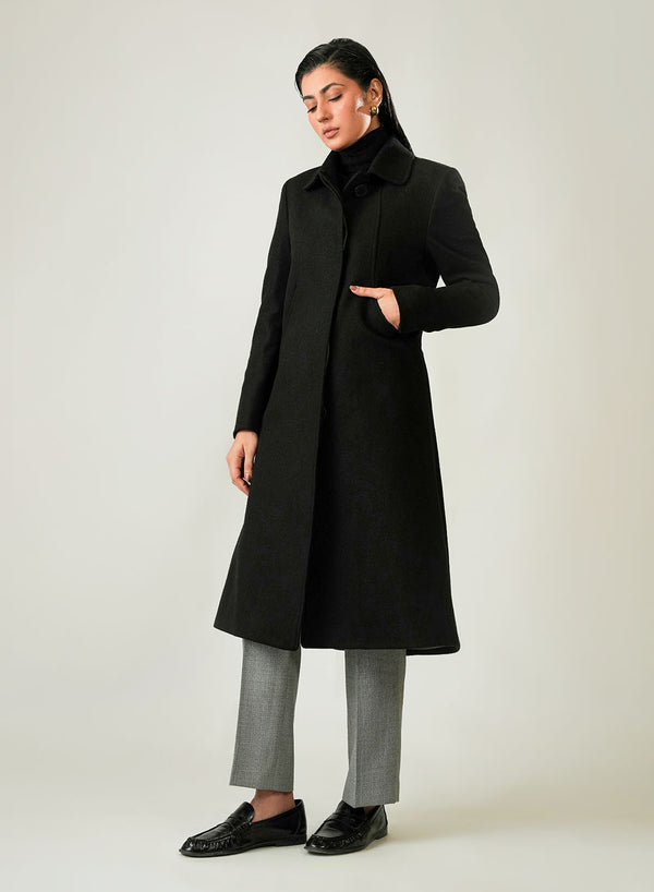 Ladies Long Coat - Lapel Collar Black Plain