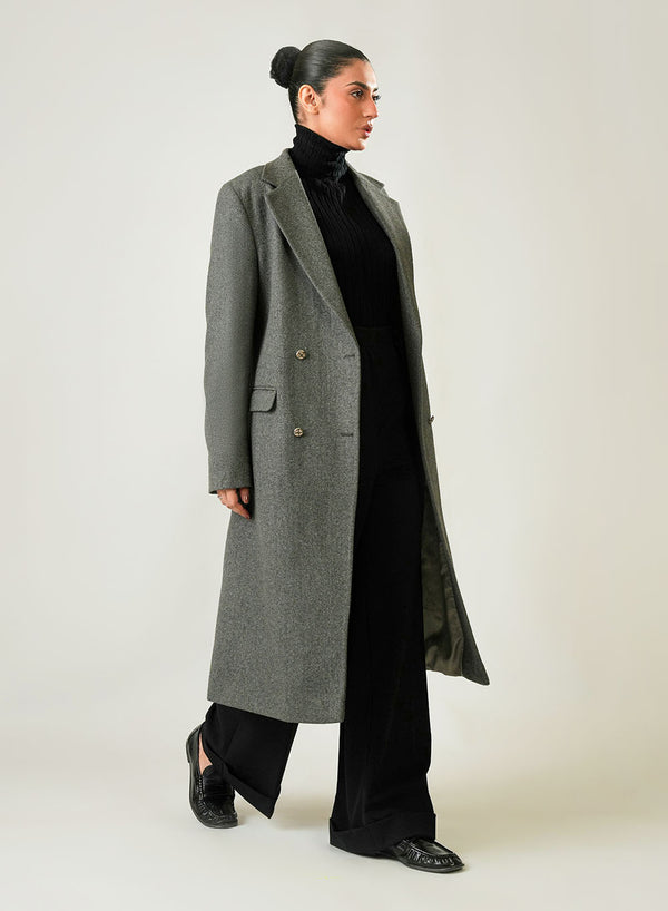 Ladies Long Coat - Lapel Collar Charcoal Grey Plain