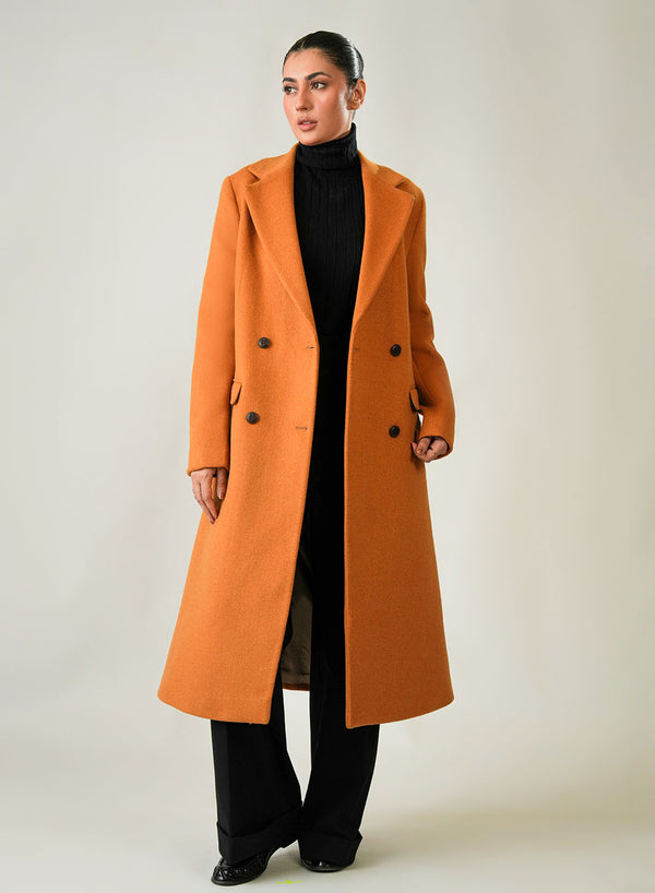 Ladies Long Coat - Lapel Collar Camal Brown Plain