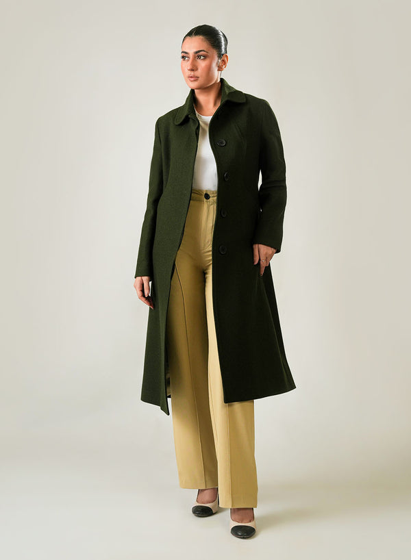 Ladies Long Coat - Lapel Collar  Green Plain