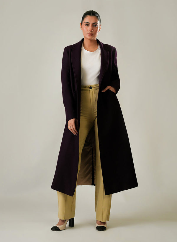 Ladies Long Coat - Lapel Collar Purple Plain
