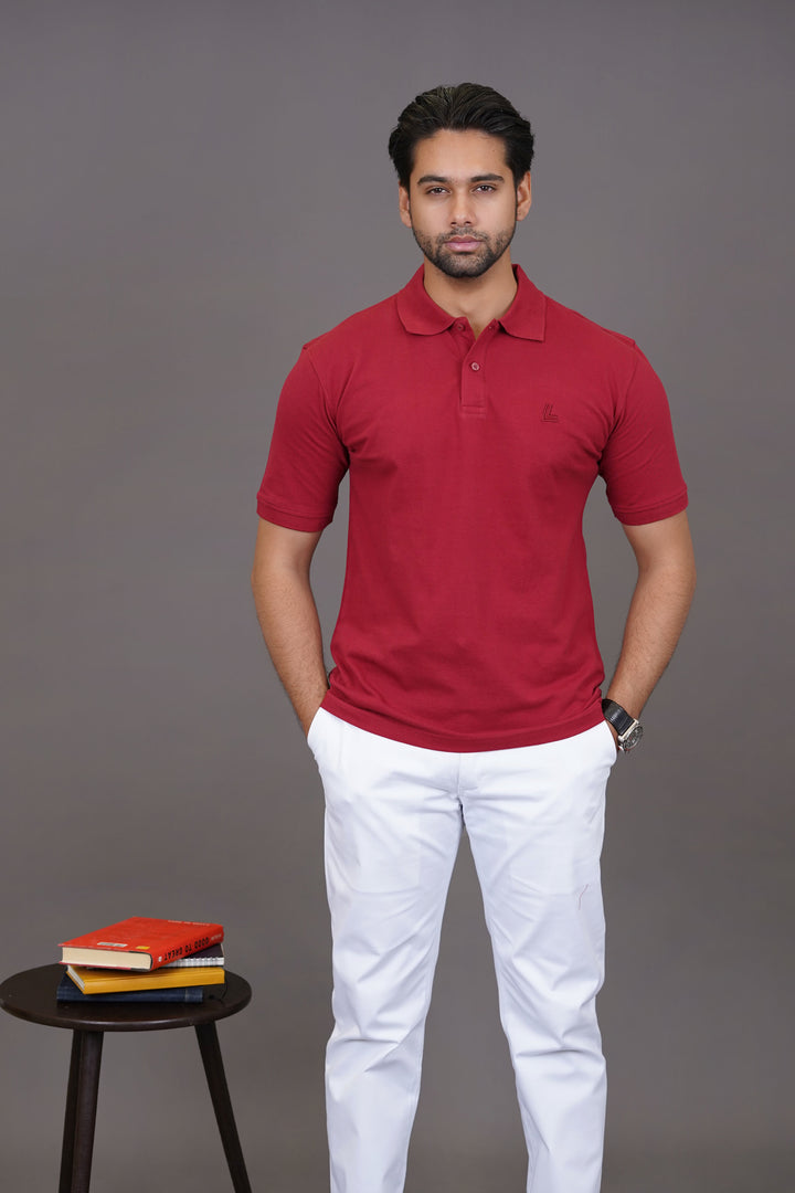 Maroon polo product shot - laid flat display