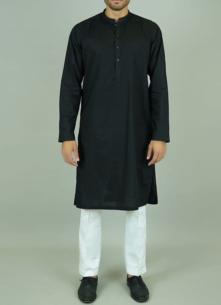 Slim fit black cotton kurta - Side view showing premium stitching details
