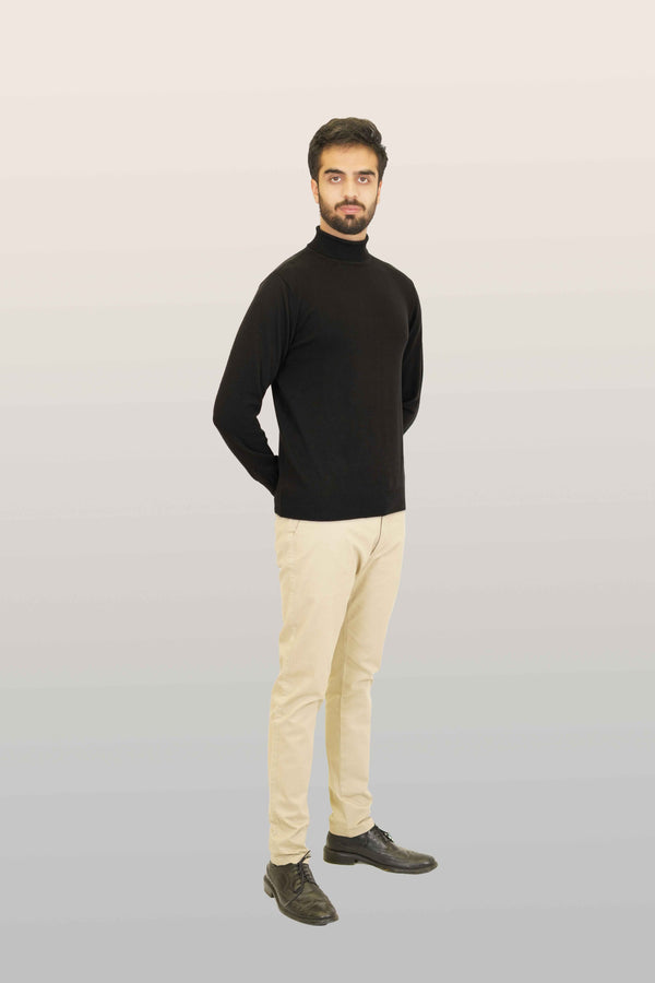 Black Plain  100% Cotton High Neck Sweater