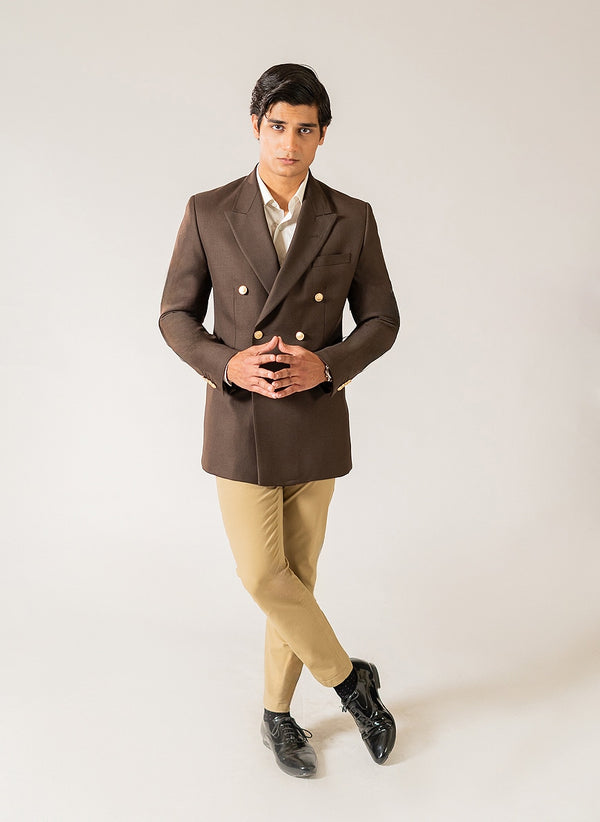 Plain-Brown, Wool Blend Fleece, Double Breasted Blazer