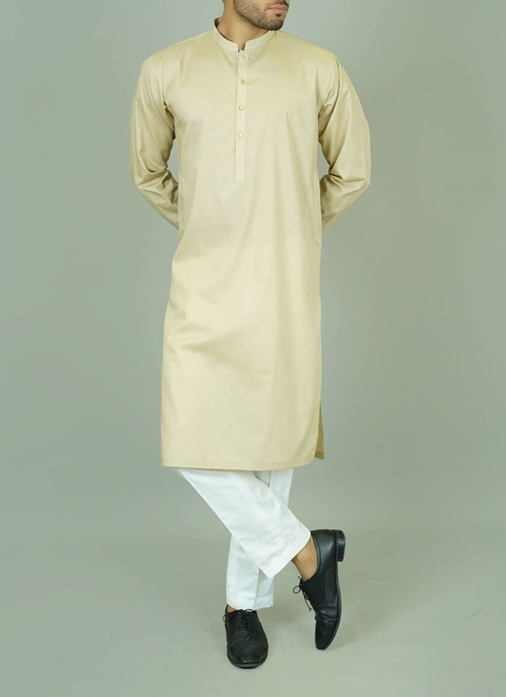 Beige men's ethnic wear - Side profile of lightweight cotton kurta