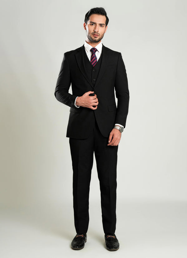 Black Plain  3 Piece Suit - Tropical Classic Poly Wool
