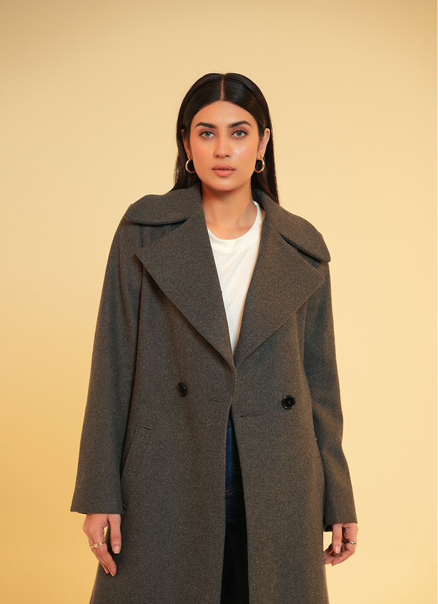 Ladies Long Coat Large Lapel Collar Grey Plain – Lawrencepur