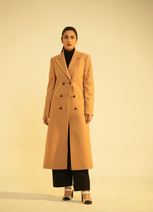 Ladies Long Coat - Lapel Collar Double Button Light Brown Plain