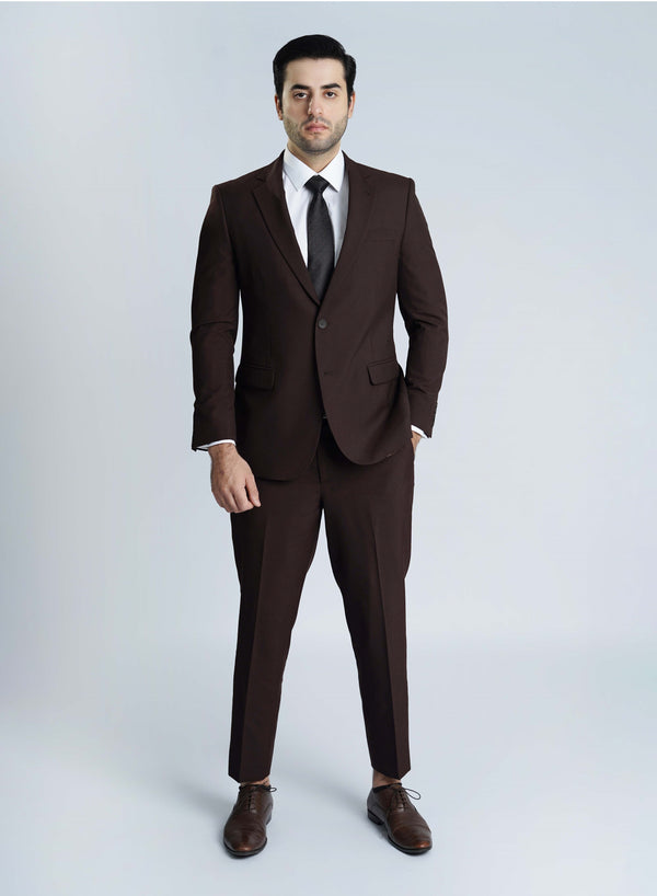 A sophisticated dark brown plain men's suit, offering a custom bespoke tailoring option at Lawrencepur stores.
