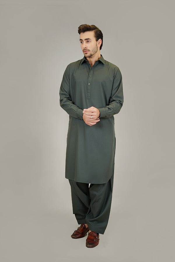 Shalwar Kameez - Baltoro Olive Green Plain