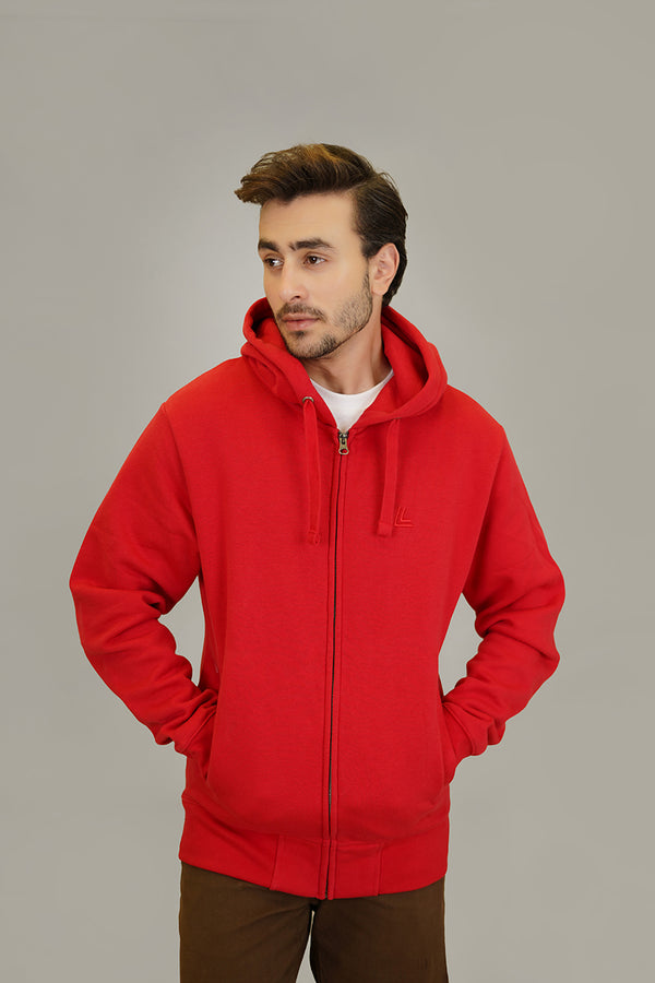 Zipper Hoodie - Woolen Fleece Red Plain