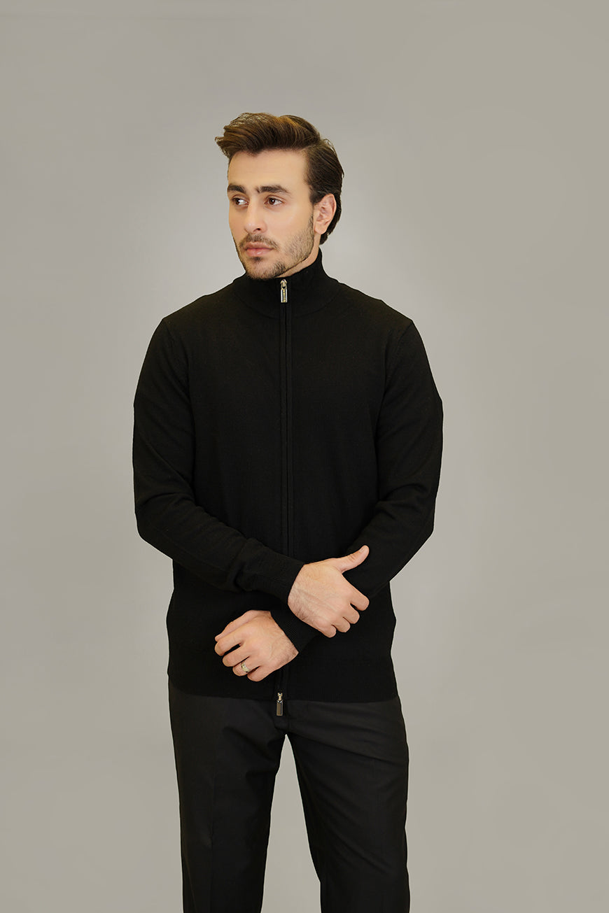 Premium black full-zip sweater made from Merino wool. Perfect for