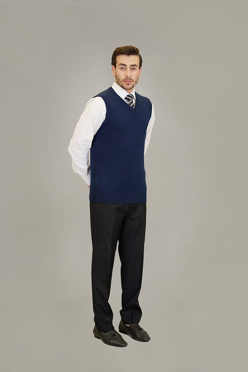 Warm navy blue sleeveless sweater made from pure Marino wool