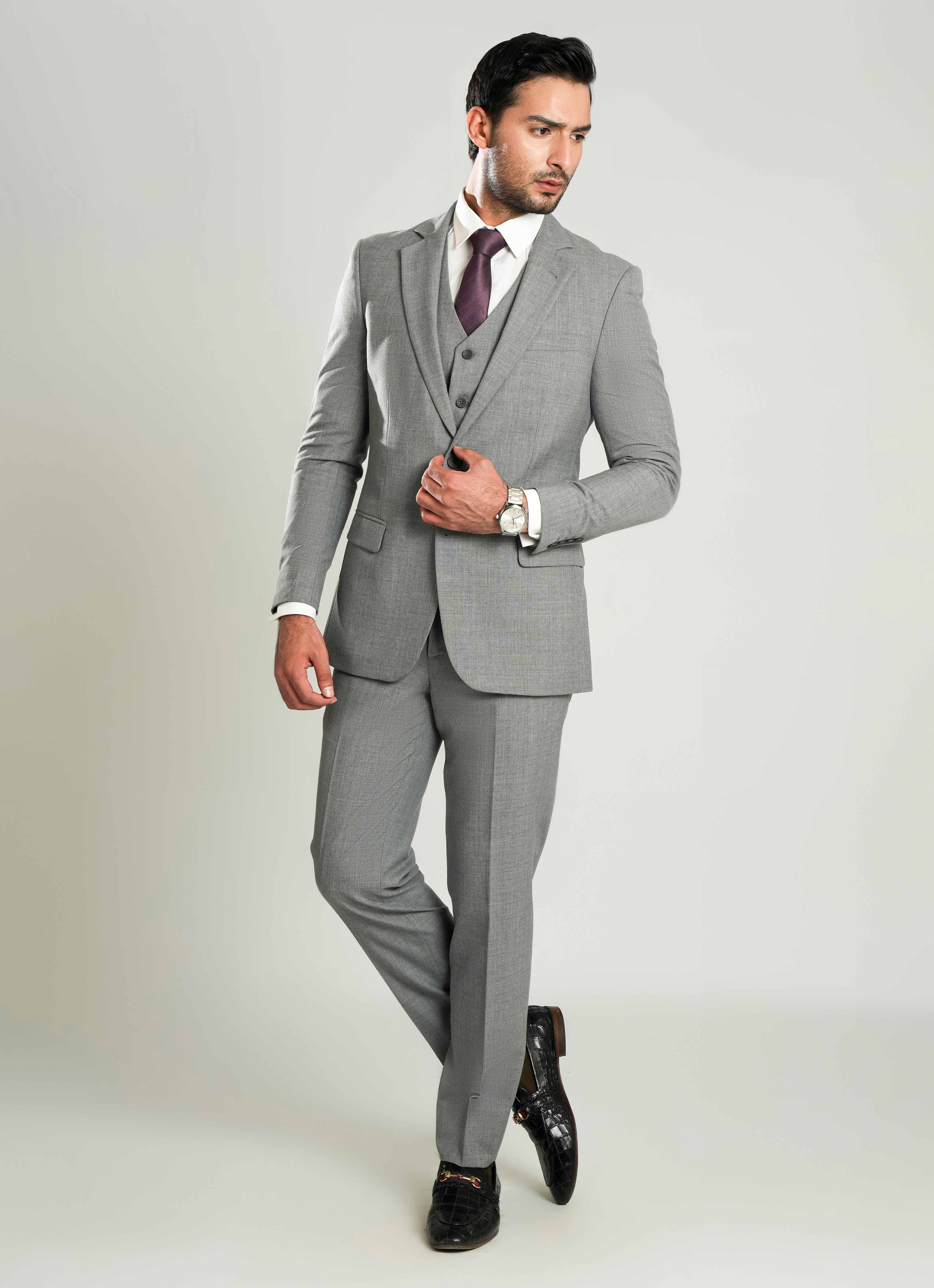 Grey Plain 3 Piece Suit - Tropical Classic Poly Wool – Lawrencepur
