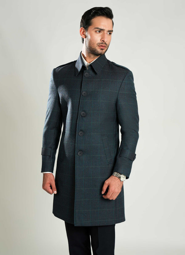 Checkered Wool-Rich Worsted Tweed Long Coat
