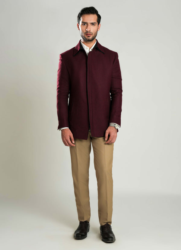 Double Collar Jacket - Worsted Tweed Maroon Plain