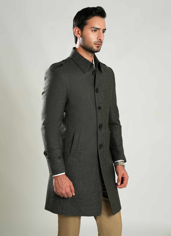Checkered Wool-Rich Worsted Tweed Long Coat
