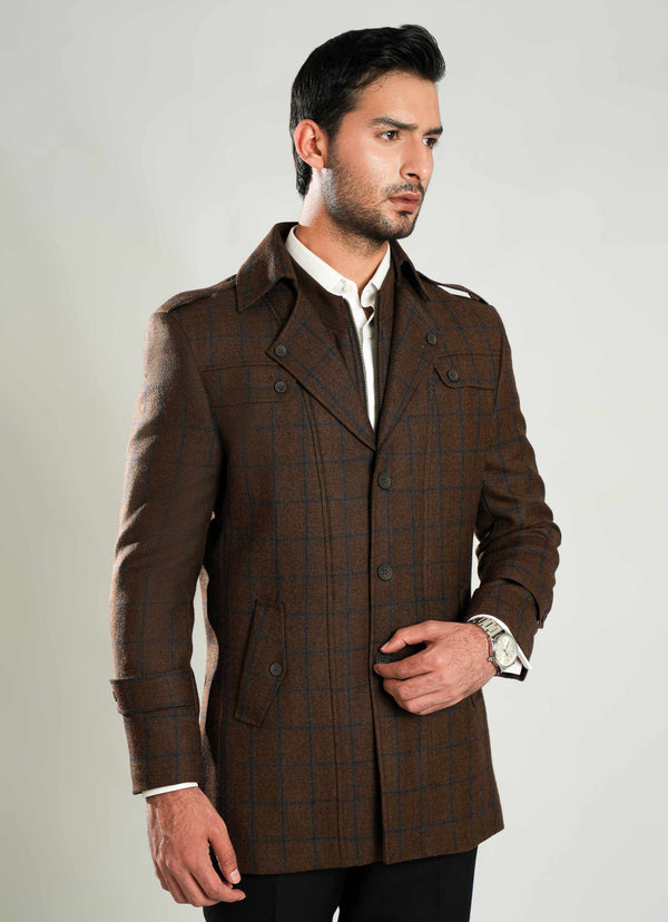 Double Jacket - Worsted Tweed Brown Windowpane Checks