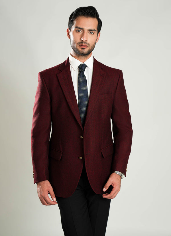 Maroon Herringbone Worsted Tweed Classic Blazer
