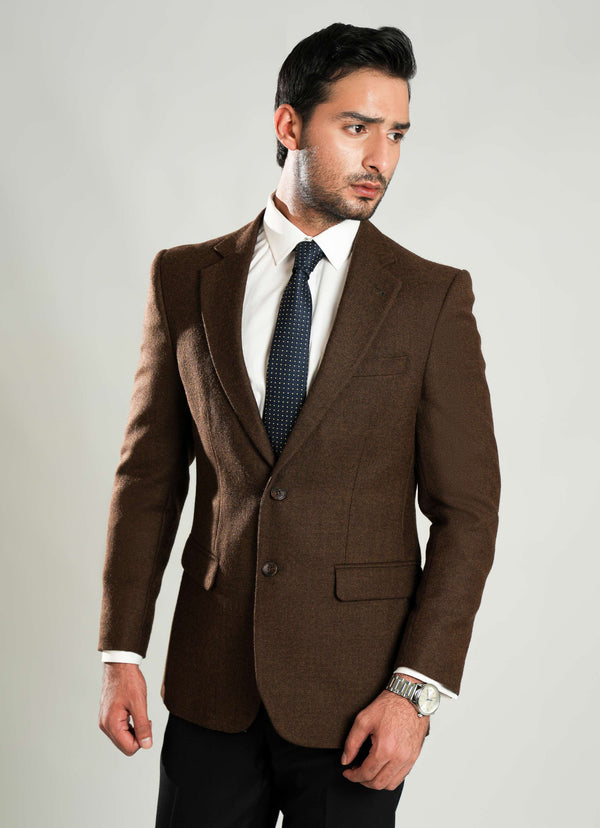 Brown Plain  Worsted Tweed Classic Blazer