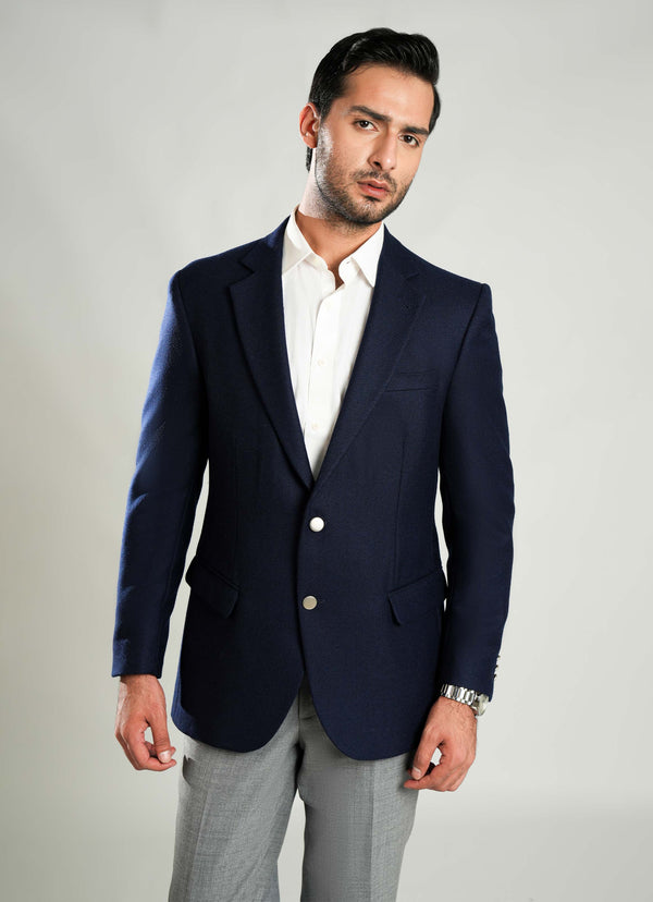 Navy Blue Plain  Worsted Tweed Classic Blazer