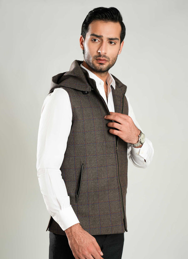 High Neck Sleeveless Hoodies - Worsted Tweed Walnut Brown