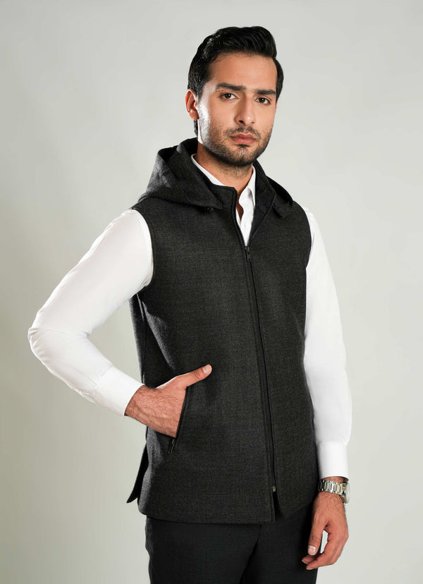 High Neck Sleeveless Hoodies - Worsted Tweed