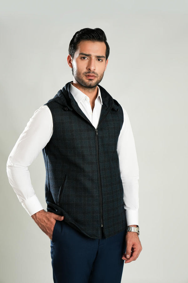 High Neck Sleeveless Hoodies - Worsted Tweed Blue