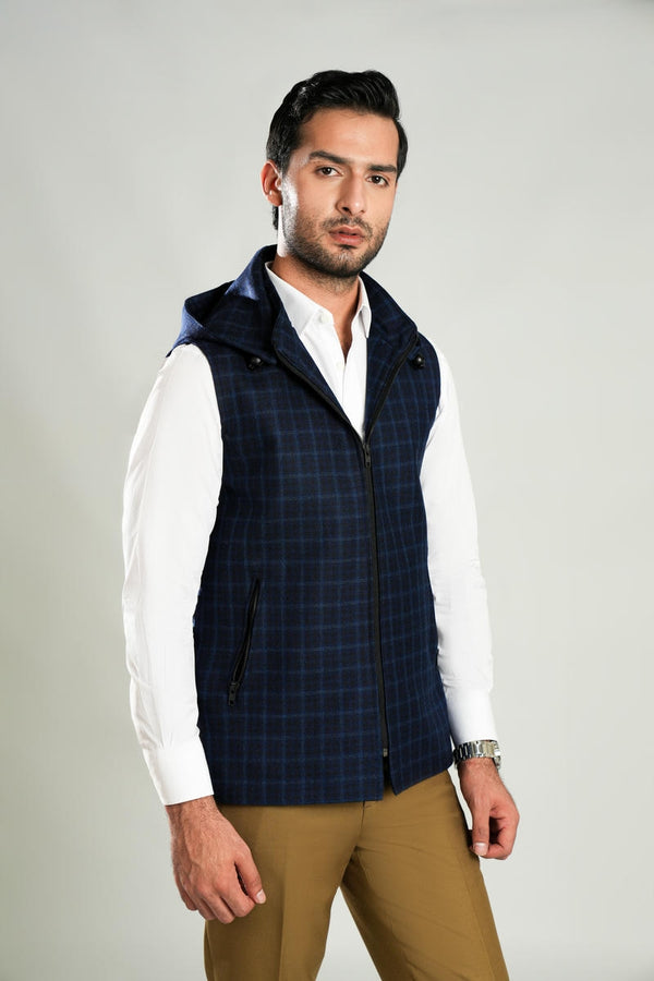 High Neck Sleeveless Hoodies - Worsted Tweed Checks