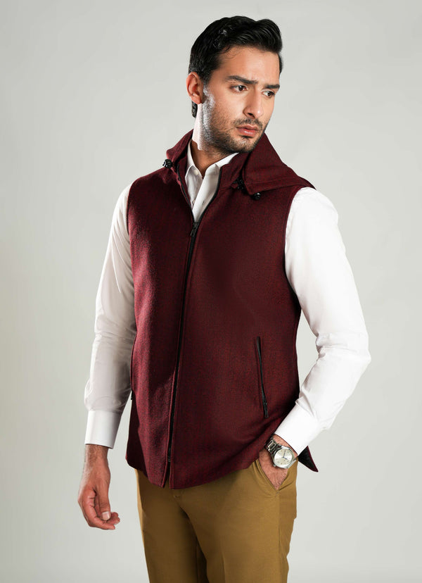 High Neck Sleeveless Hoodies - Worsted Tweed Maroon Herringbone