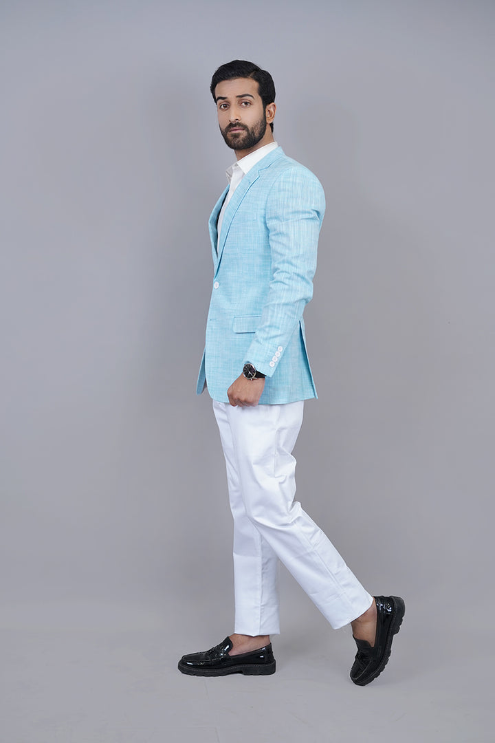 Sky Blue Linen Blazer Back View – Wrinkle-Free