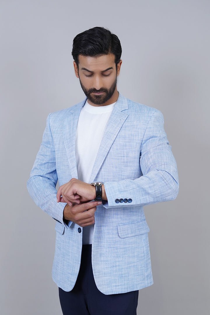 Light Blue Textured Blazer – Premium Linen Fabric