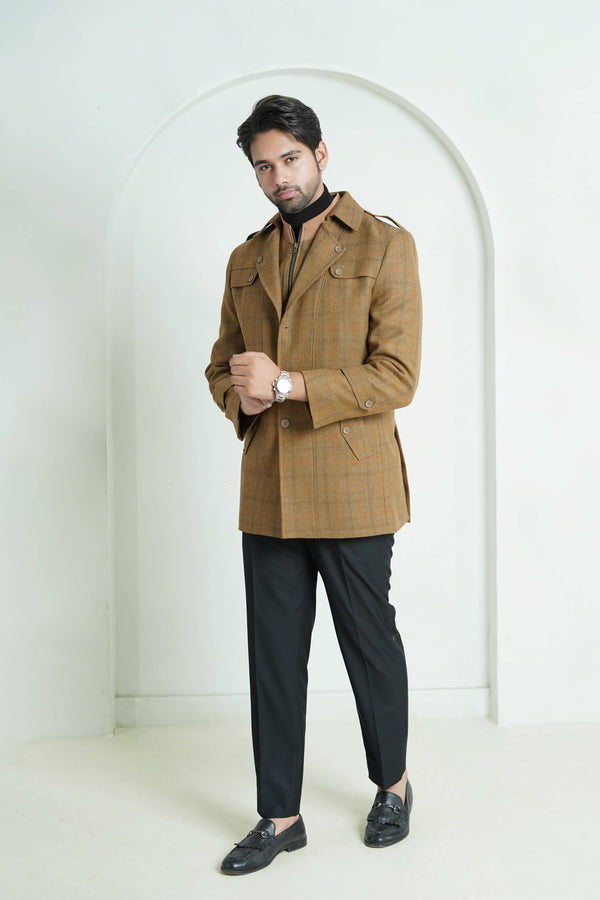 Double Jacket - Worsted Tweed Golden Brown Windowpane Checks