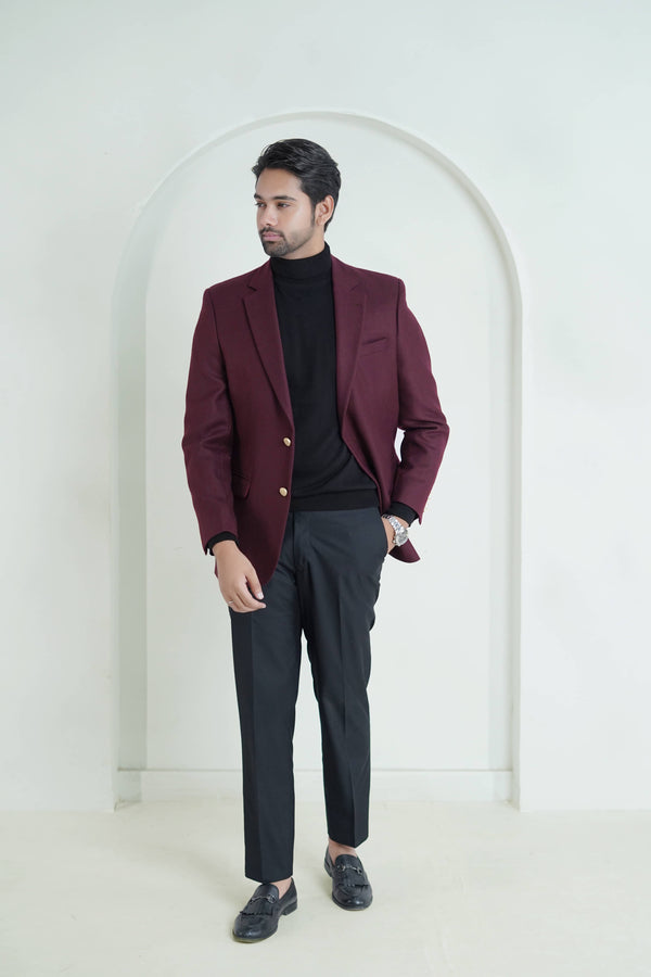 Maroon Plain Worsted Tweed Classic Blazer