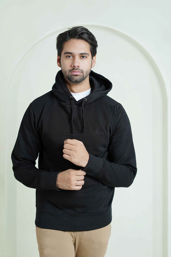 Pull Over Hoodie - Woolen Fleece Black Plain